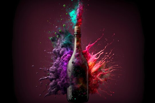 Bottle of wine ink explode as opening excitement celebration winery concept. Beautiful Color coded splash liquid booze shot. Design for advertising drink and alcohol background display. Generative AI 