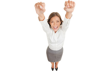 Ecstatic happy woman cheering and winning. Humorous high angle perspective of a beautiful winner woman laughing and celebrating as she raises her hands in the air in jubilation, isolated on white.
 - Powered by Adobe