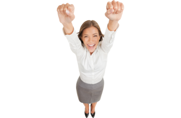 Ecstatic happy woman cheering and winning. Humorous high angle perspective of a beautiful winner woman laughing and celebrating as she raises her hands in the air in jubilation, isolated on white.