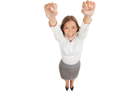 Ecstatic happy woman cheering and winning. Humorous high angle perspective of a beautiful winner woman laughing and celebrating as she raises her hands in the air in jubilation, isolated on white.
