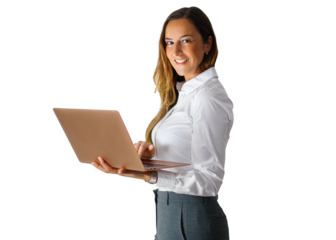 Portrait of beautyful and confident business woman with laptop isolated on free PNG background.