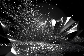 Black and white silver or metal particles background. Glitter shimmer light and shine light ray particles with bokeh effect. Abstract dust particle festive overlay burst design scene. Generative AI