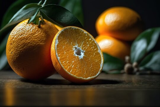 Orange fruit close up shot. Cinematic style, dark mood photography. Generative AI