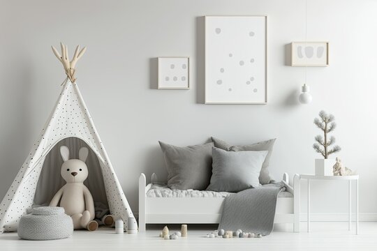 Empty white wall in modern child room. Scandi interior mockup. Photo/poster space. Toys, bed, table. Closeup. Kid-friendly room. Generative AI
