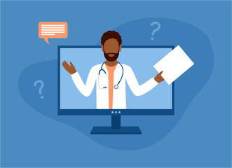 Black man doctor on monitor screen. Medical consultation online. Flat vector illustration