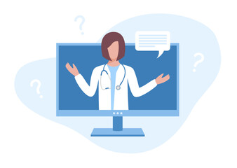 Woman doctor on monitor screen. Medical consultation online. Flat vector illustration