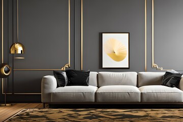 Gold Frame In Dark Modern Living Room Mockup With. Generative AI