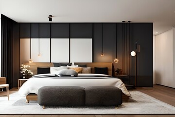 Japandi Style Bedroom Interior Design. Elegant Scandinavian Hotel Apartment. Generative AI