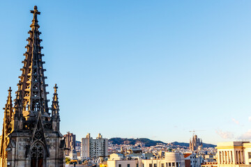View at the center of Barcelona and the Sagrada Familia basilica from the cathedral of Barcelona, ...