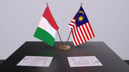 Malaysia and Italy country flags 3D illustration. Politics and business deal or agreement