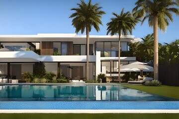 Fototapeta premium Luxurious Home, Outdoor Living Concept With Private Oasis, Modern Minimalist Architecture Design, Backyard Swimming Pool And Palm Trees. Generative AI