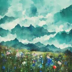 Flower painting landscape created with generative ai technology