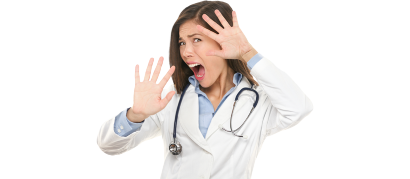 Screaming scared doctor woman afraid and frightened covering her face with hands showing funny expression shocked and surprised. Female medical health care professional isolated on white.
