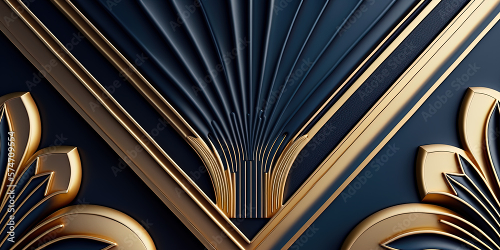 Wall mural Luxury dark blue with gold pattern. Abstract art deco background. Digital ai art