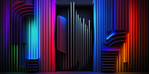 Digital image of light rays, lines with colorful light over dark background. Abstract business background. Digital ai art