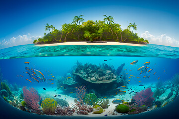 Tropical Island And Coral Reef, split view with waterline. Generative AI