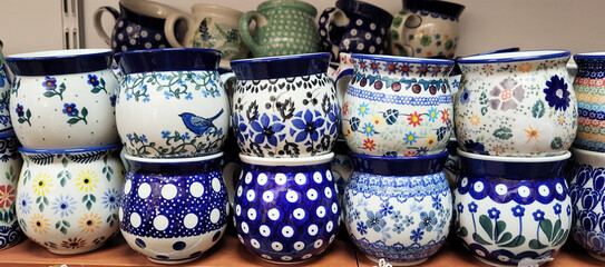 Fototapeta na wymiar Blue and white Polish pottery. various products 