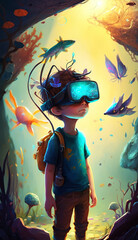 Child wearing VR glasses and wandering in the imagination. Ai generated.