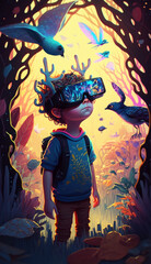 Obraz na płótnie Canvas Child wearing VR glasses and wandering in the imagination. Ai generated.