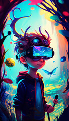 Fototapeta na wymiar Child wearing VR glasses and wandering in the imagination. Ai generated.