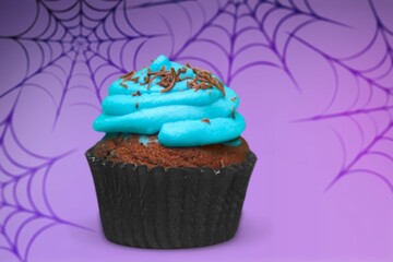 Halloween party cupcake with spider web decoration.