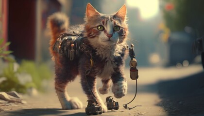 Cat with disability outdoor, Generative AI