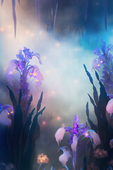 Fototapeta na wymiar magical meadow of blooming irises in mystery fog
