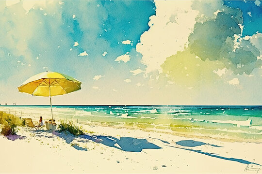 Summer beach watercolor painting, generative ai