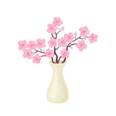 Cherry blossom. Branches of blooming  sakura in white vase isolated. Vector cartoon spring illustration.
