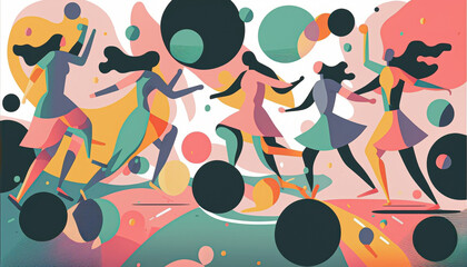 group of people dancing, happy concept, abstract background, pastel color, psycho waves concept, flat vector illustration 