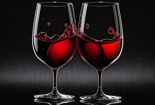Two glasses of red wine on a black background with splashes. Generative AI.