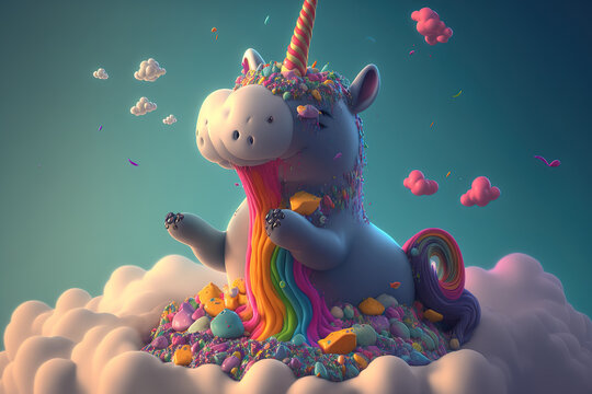 adorable unicorn playing with a rainbow of slime on a cloud in a cartoon drawing. Generative AI