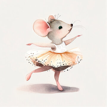 Cute little mouse painted in watercolor with a ballerina tutu performing ballet exercises. Image for scrapbooks, invitation cards and decorating. Generative AI