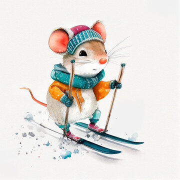 Small, cute and endearing little ski mouse sliding at full speed over the snow with poles and skis. Image for scrapbooks, invitation cards and decorating. Generative AI.