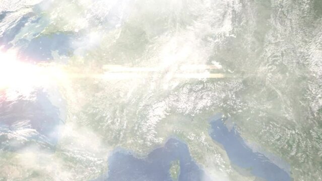 Earth zoom in from outer space to city. Zooming on Olten, Switzerland. The animation continues by zoom out through clouds and atmosphere into space. Images from NASA