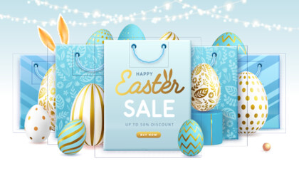 Happy Easter typography big sale poster with blue easter eggs and shopping bags. Greeting card or poster. Vector illustration