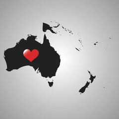 Obraz premium Map of Oceania with heart silhouette. Vector.
