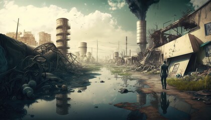 Dystopian landscape: environmental disaster and pollution concept - obrazy, fototapety, plakaty