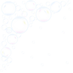 Cute, realistic, fun water bubbles flying randomly. Transparent background