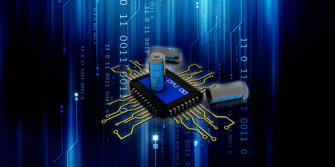 3d rendering Electrical energy and power supply source concept, accumulator battery with computer chip     © jijomathai