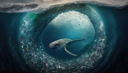 Plastic pollution in ocean affecting sea life - obrazy, fototapety, plakaty