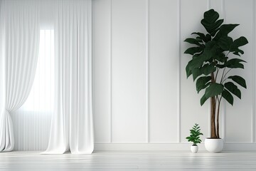 Fototapeta premium Background for interior design in white with text space. Picture of bare wall, parquet flooring, and potted plant. Generative AI
