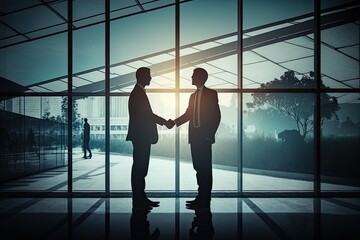 Fototapeta na wymiar Generative AI illustration, Business Shake Hands, Two Men Agreeing on a Deal Two men stand across from each other