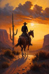 Fototapeta na wymiar Silhoette of a cowboy in the WIld West, at sunset