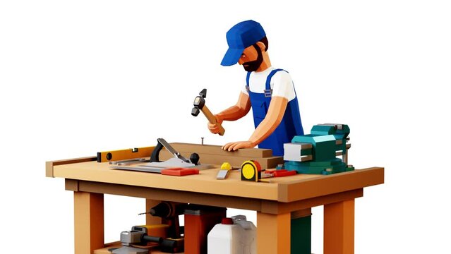 Handyman works on a workbench. 3d worker hammers a nail. Looped animation with alpha channel