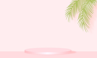 Fototapeta na wymiar Coconut leaves, pink product background with stand, podium pedestal vector illustration.