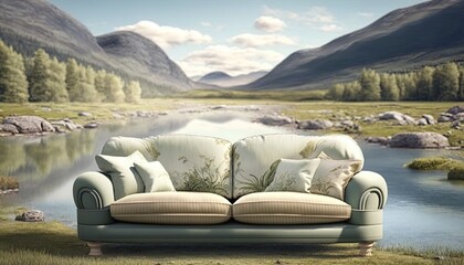 Fototapeta premium image of a sofa consisting of mountains and a river against the background of nature, generative AI