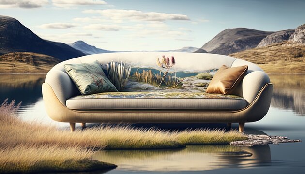 image of a sofa consisting of mountains and a river against the background of nature, generative AI