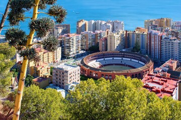 Málaga city view, Andalusia, Spain - city panorama with traditional spanish bullring. - obrazy, fototapety, plakaty