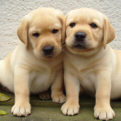 two cute yellow Labrador puppies resting in green grass